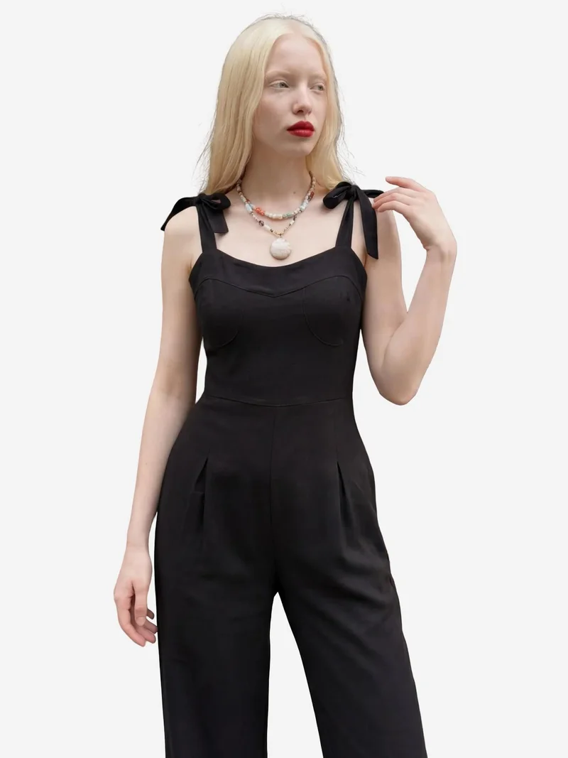 MY FASHION Black MY FASHION Sweetheart Neck Linen Blend Jumpsuit for Women | Best Price UAE